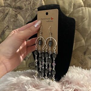 Handmade Hypoallergenic Silver & Gray Beaded Horseshoe Chandelier Earrings